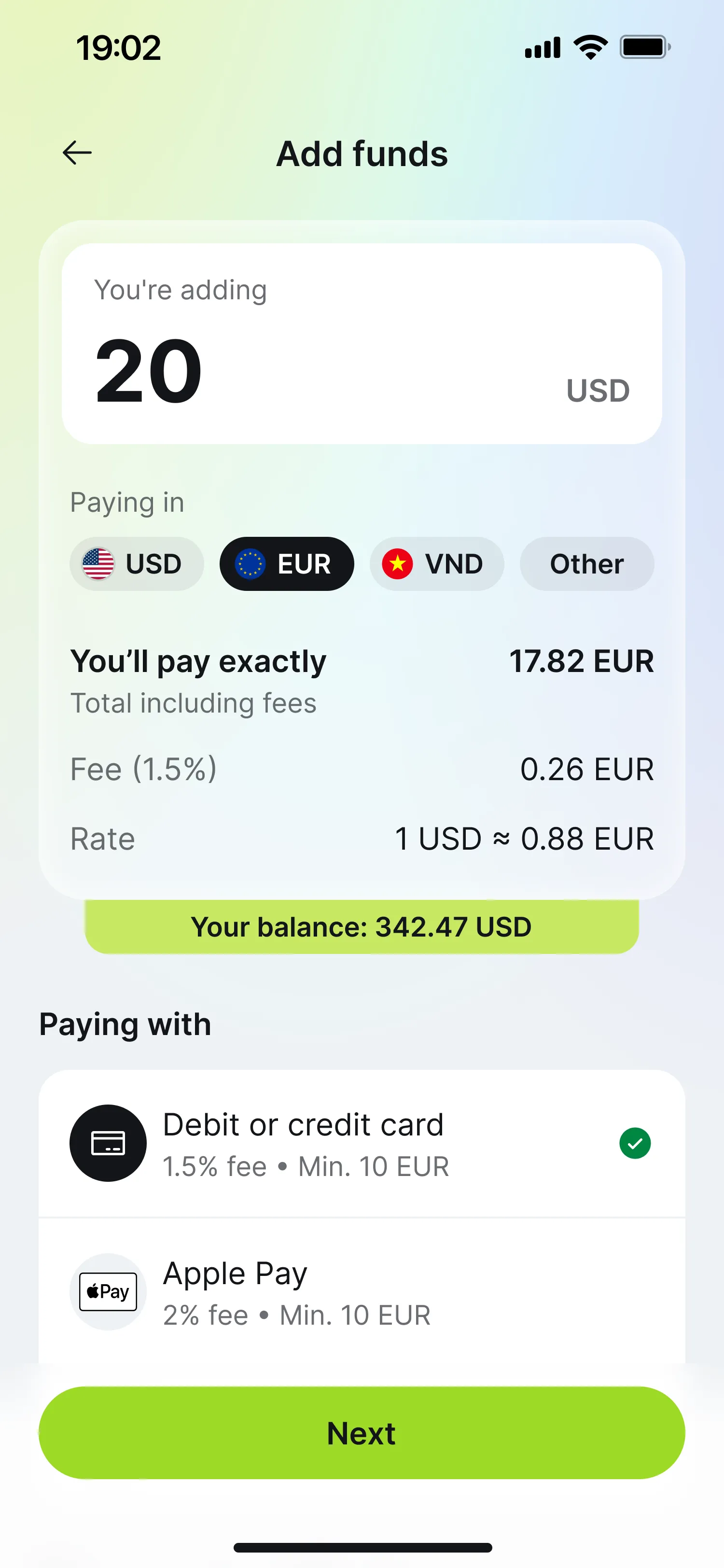 PayMoji Add funds screen — adding 20 USD, paying 17.82 EUR total including fees