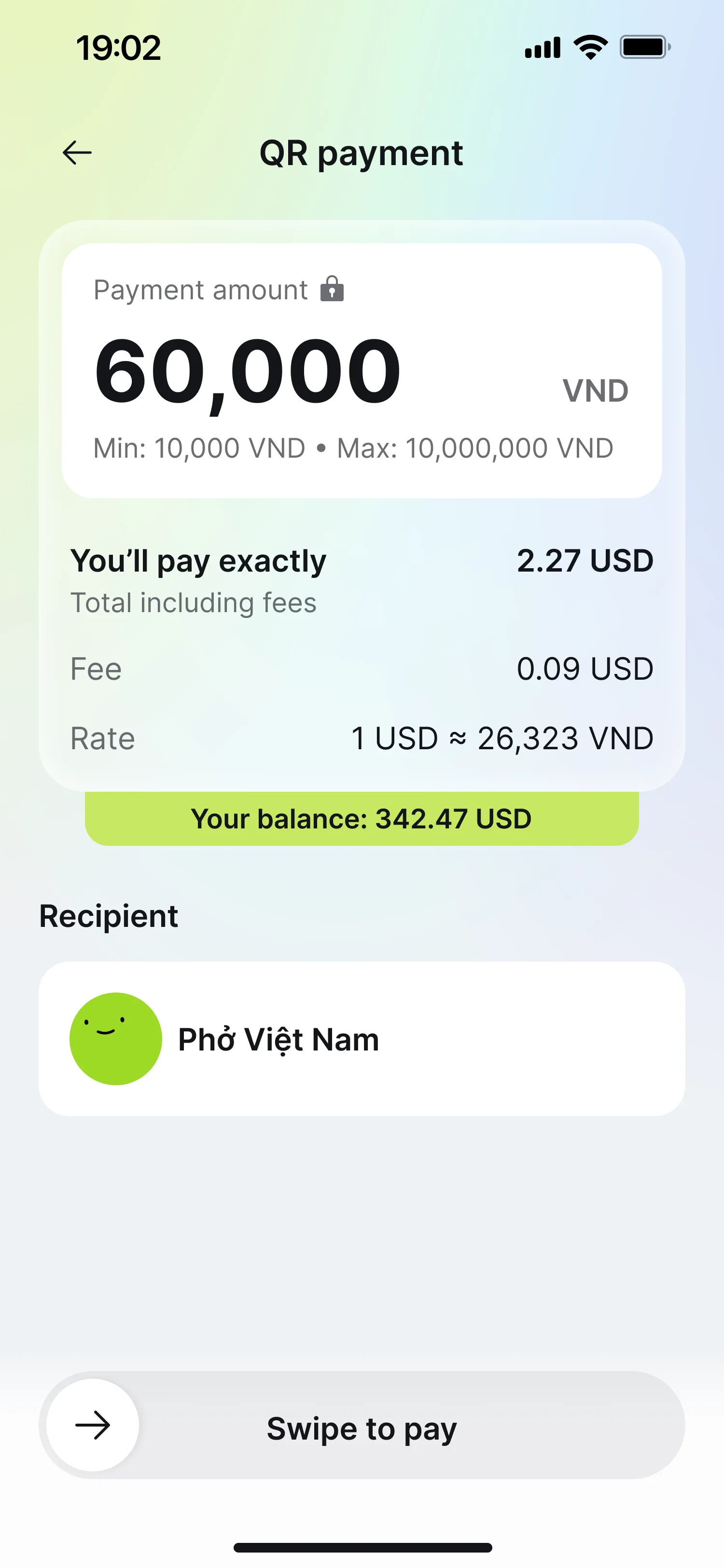 PayMoji QR payment screen — 100,000 VND quote showing fee and rate before paying