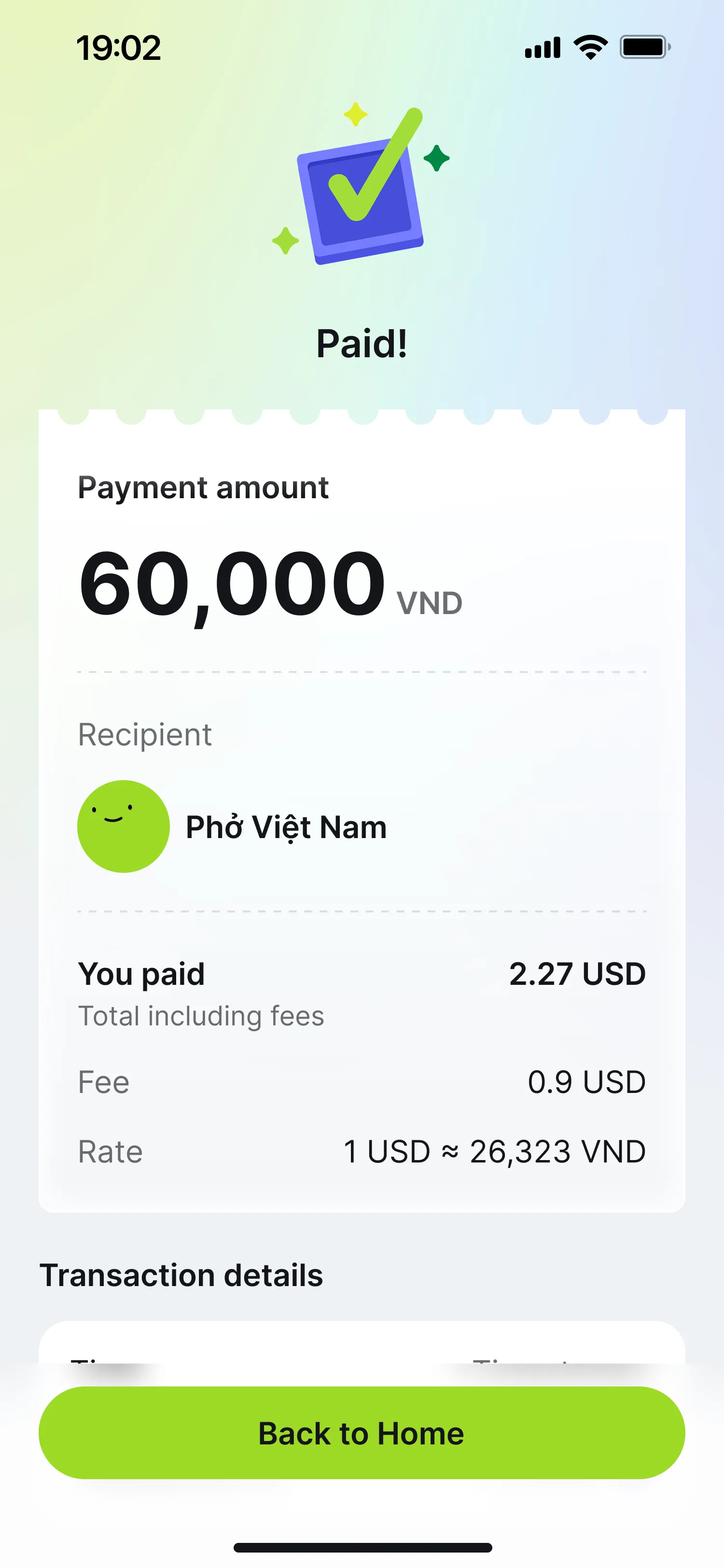 PayMoji receipt screen — Paid! 100,000 VND to Coffee shop